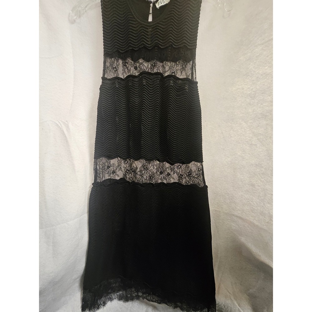 Zara Black Chevron Knit Lace Panel Sleeveless Sheath Dress Small